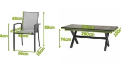 SIENA GARDEN Velia / Sincro Garten-Essgruppe, anthrazit/natur-grau, Alu/Ranotex/Keramik, 6 Sessel, Ausziehtisch 200/260 x 100 cm