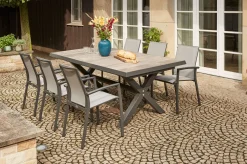 SIENA GARDEN Velia / Sincro Garten-Essgruppe, anthrazit/natur-grau, Alu/Ranotex/Keramik, 6 Sessel, Ausziehtisch 200/260 x 100 cm