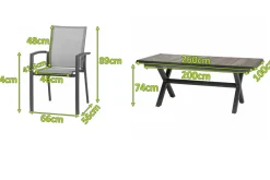 SIENA GARDEN Velia / Sincro Garten-Essgruppe, anthrazit/natur-grau, Alu/Ranotex/Keramik, 6 Sessel, Ausziehtisch 200/260 x 100 cm