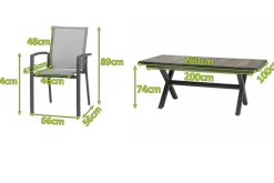 SIENA GARDEN Velia / Sincro Garten-Essgruppe, anthrazit/natur-grau, Alu/Ranotex/Keramik, 10 Sessel, Ausziehtisch 200/260 x 100 cm