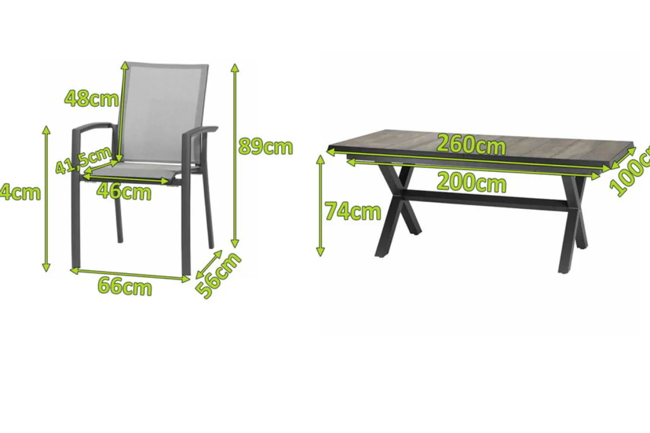SIENA GARDEN Velia / Sincro Garten-Essgruppe, anthrazit/natur-grau, Alu/Ranotex/Keramik, 10 Sessel, Ausziehtisch 200/260 x 100 cm