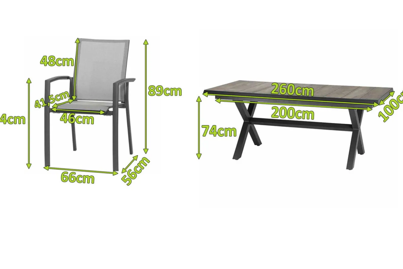 SIENA GARDEN Velia / Sincro Garten-Essgruppe, anthrazit/natur-grau, Alu/Ranotex/Keramik, 10 Sessel, Ausziehtisch 200/260 x 100 cm