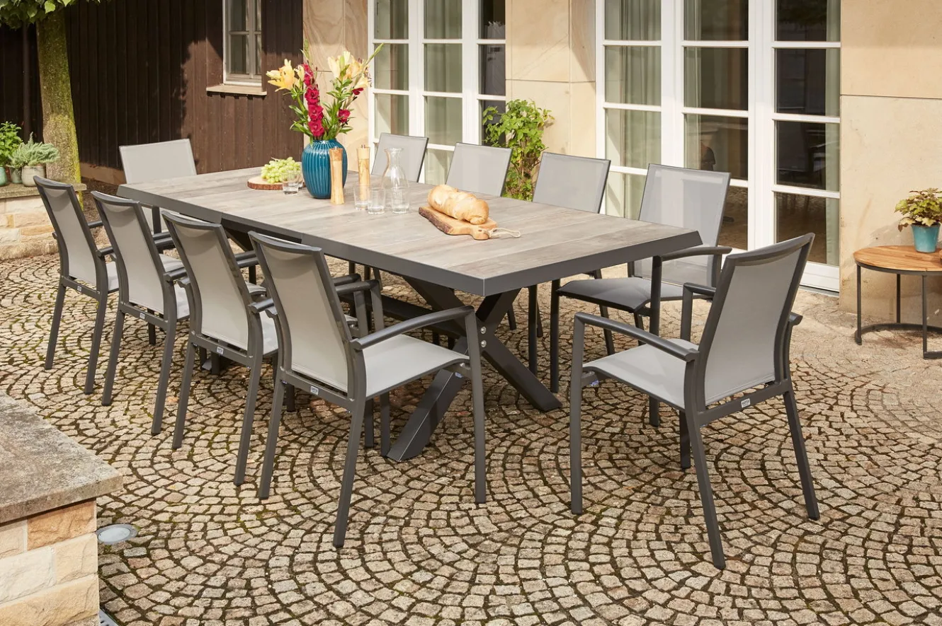 SIENA GARDEN Velia / Sincro Garten-Essgruppe, anthrazit/natur-grau, Alu/Ranotex/Keramik, 10 Sessel, Ausziehtisch 200/260 x 100 cm