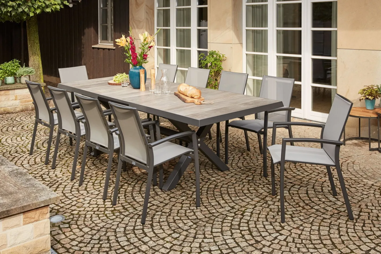 SIENA GARDEN Velia / Sincro Garten-Essgruppe, anthrazit/natur-grau, Alu/Ranotex/Keramik, 10 Sessel, Ausziehtisch 200/260 x 100 cm