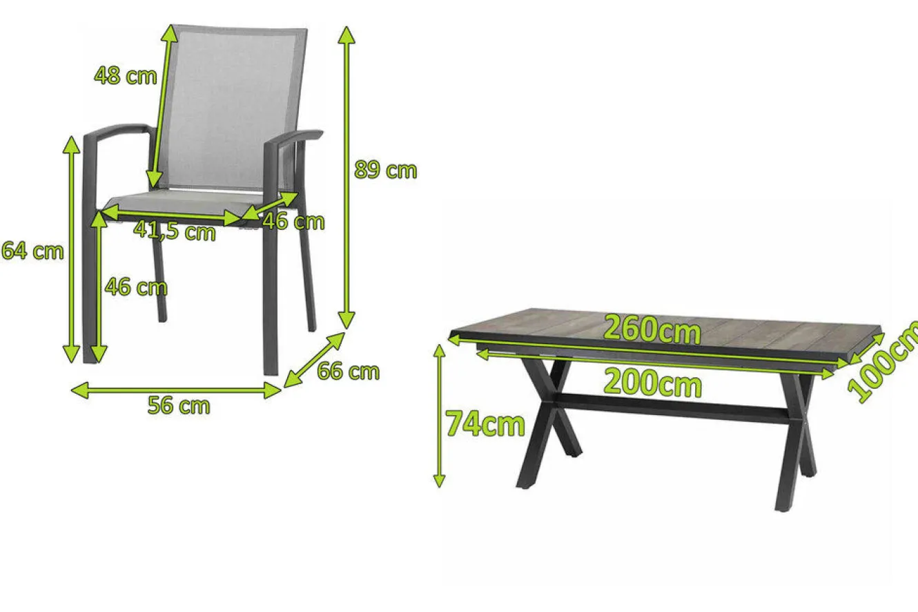 SIENA GARDEN Velia/Sincro Garten-Essgruppe, anthrazit/natur-grau, Alu/Ranotex/Keramik, 8 Sessel, Ausziehtisch 200/260 x 100 cm