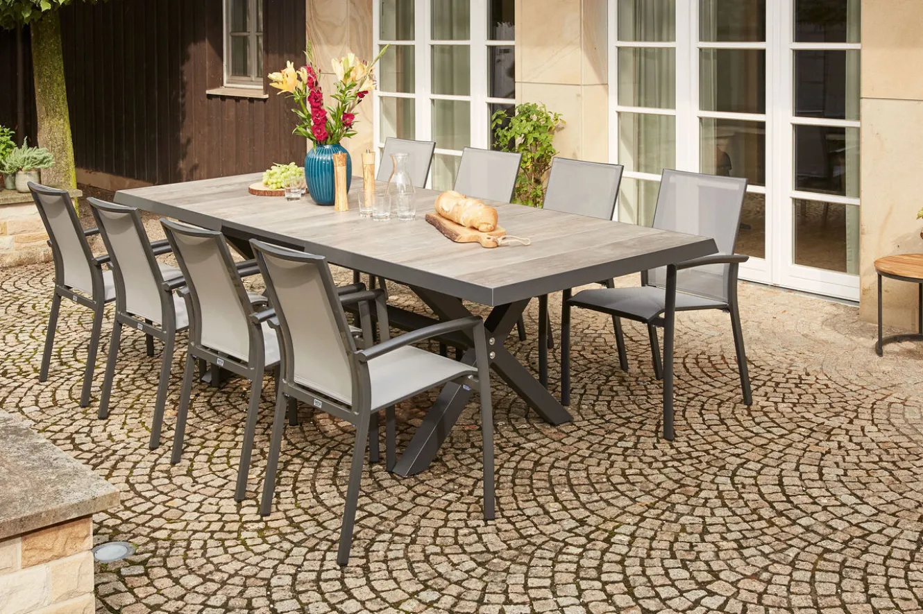 SIENA GARDEN Velia/Sincro Garten-Essgruppe, anthrazit/natur-grau, Alu/Ranotex/Keramik, 8 Sessel, Ausziehtisch 200/260 x 100 cm