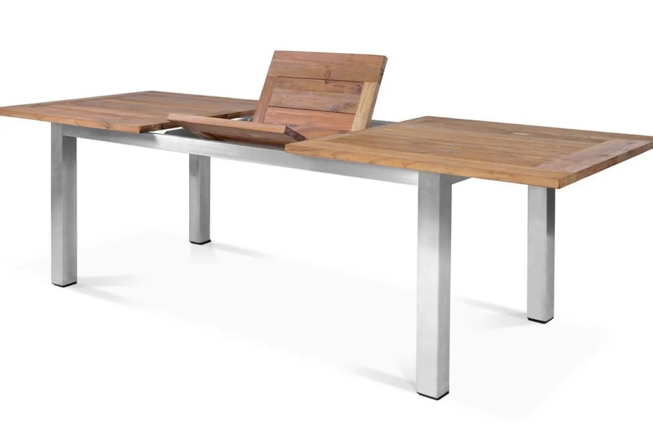STERN Cardiff Garten-Essgruppe, silber/taupe, Edelstahl/recyceltes Teak, Tisch 200/260 x 100 cm, 6 Stapelsessel, FSC®-zertifiziertes Produkt