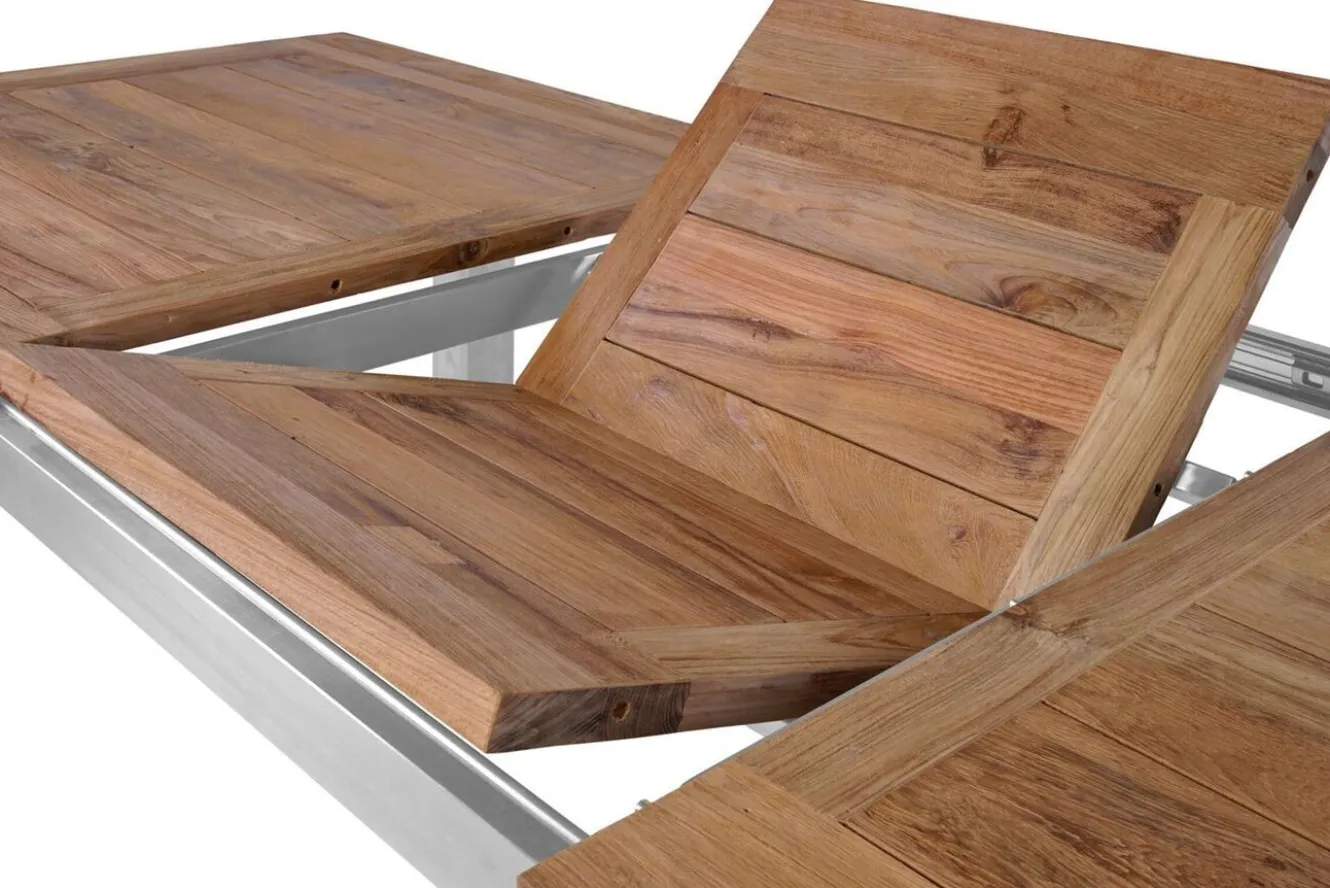 STERN Cardiff Garten-Essgruppe, silber/taupe, Edelstahl/recyceltes Teak, Tisch 200/260 x 100 cm, 6 Stapelsessel, FSC®-zertifiziertes Produkt