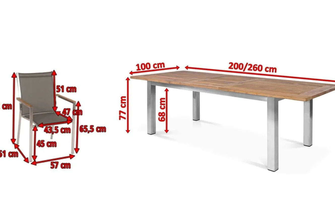 STERN Cardiff Garten-Essgruppe, silber/taupe, Edelstahl/recyceltes Teak, Tisch 200/260 x 100 cm, 6 Stapelsessel, FSC®-zertifiziertes Produkt
