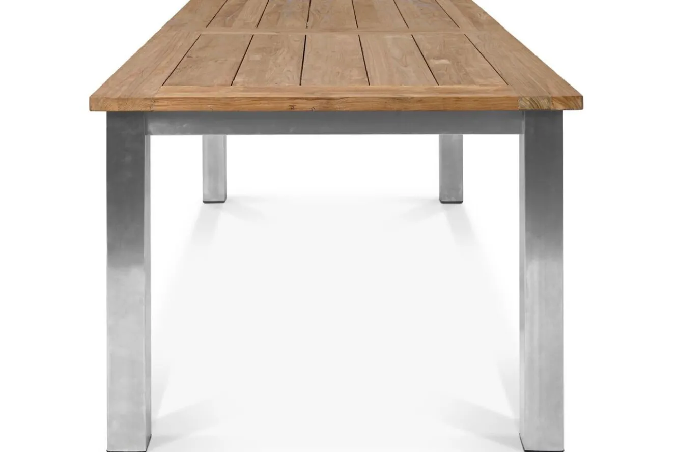STERN Cardiff Garten-Essgruppe, silber/taupe, Edelstahl/recyceltes Teak, Tisch 200/260 x 100 cm, 6 Stapelsessel, FSC®-zertifiziertes Produkt