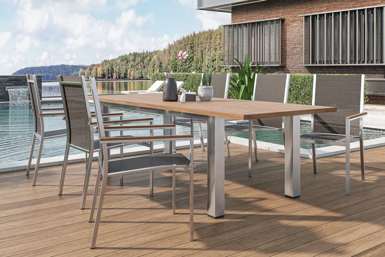 STERN Cardiff Garten-Essgruppe, silber/taupe, Edelstahl/recyceltes Teak, Tisch 200/260 x 100 cm, 6 Stapelsessel, FSC®-zertifiziertes Produkt