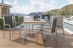 STERN Cardiff Garten-Essgruppe, silber/taupe, Edelstahl/recyceltes Teak, Tisch 200/260 x 100 cm, 6 Stapelsessel, FSC®-zertifiziertes Produkt