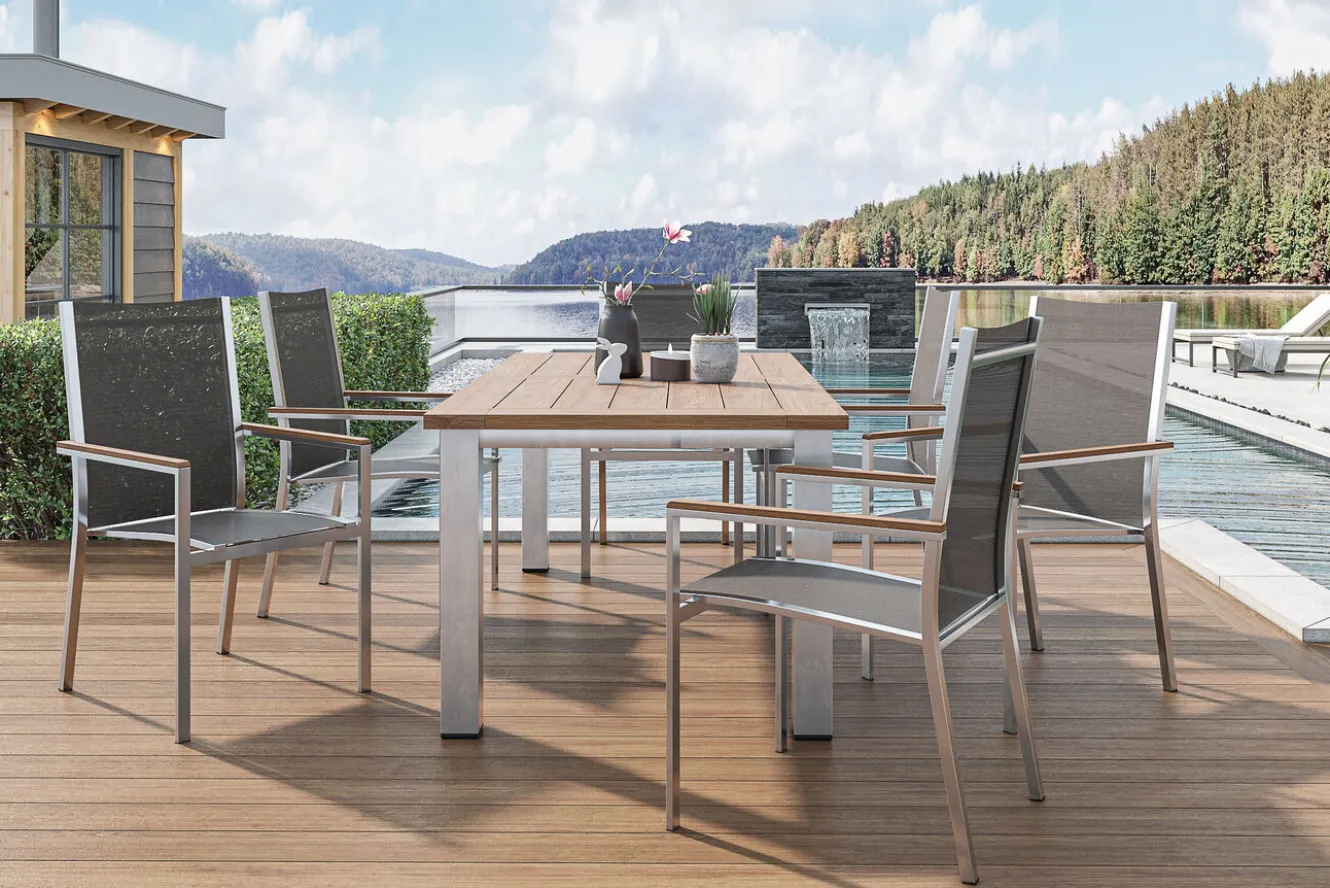 STERN Cardiff Garten-Essgruppe, silber/taupe, Edelstahl/recyceltes Teak, Tisch 200/260 x 100 cm, 6 Stapelsessel, FSC®-zertifiziertes Produkt