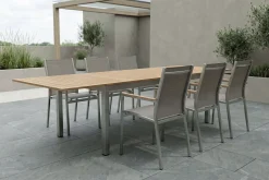 STERN Cardiff Garten-Essgruppe, silber/taupe, Edelstahl/Teak, Tisch 200/300 x 100 cm, 6 Stapelsessel, FSC®-zertifiziertes Produkt