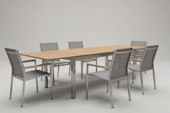STERN Cardiff Garten-Essgruppe, silber/taupe, Edelstahl/Teak, Tisch 200/300 x 100 cm, 6 Stapelsessel, FSC®-zertifiziertes Produkt