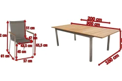 STERN Cardiff Garten-Essgruppe, silber/taupe, Edelstahl/Teak, Tisch 200/300 x 100 cm, 6 Stapelsessel, FSC®-zertifiziertes Produkt