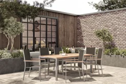 STERN Cardiff Garten-Essgruppe, silber/taupe, Edelstahl/Teak, Tisch 200 x 100 cm, 6 Stapelsessel