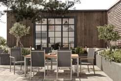 STERN Cardiff Garten-Essgruppe, silber/taupe, Edelstahl/Teak, Tisch 200 x 100 cm, 6 Stapelsessel