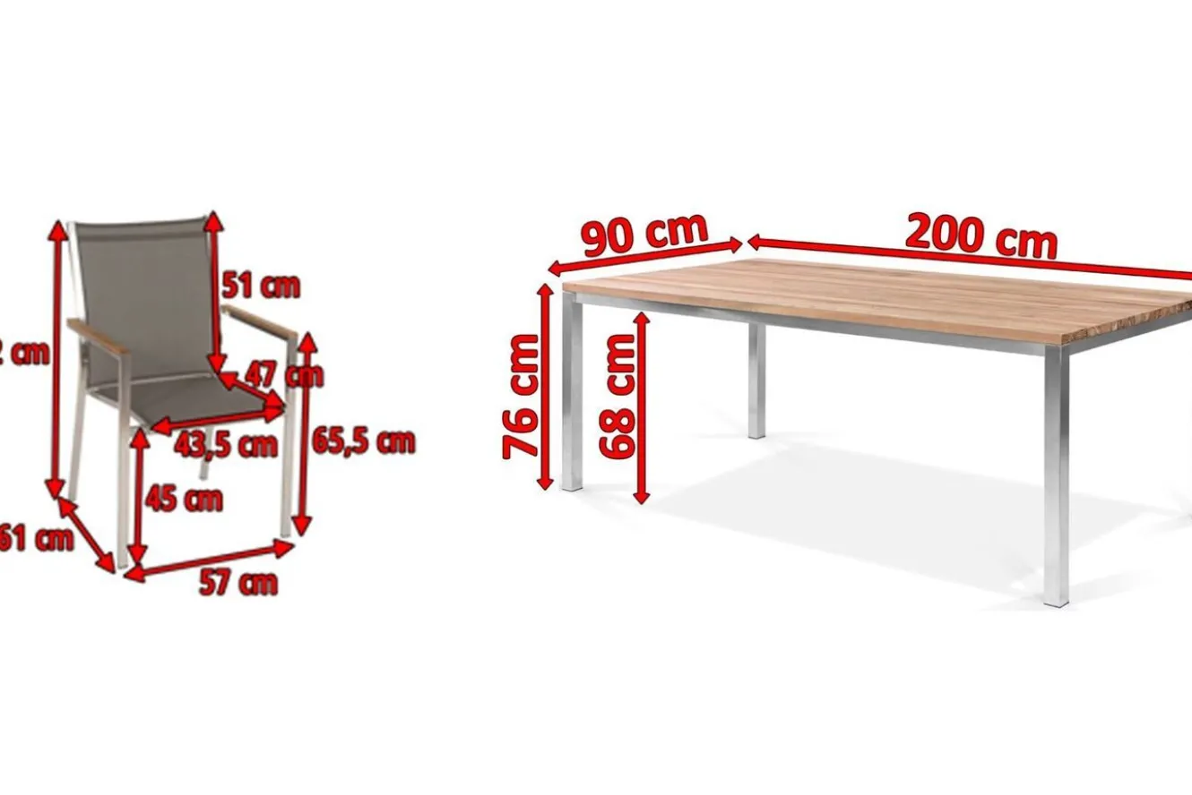 STERN Cardiff Garten-Essgruppe, silber/taupe, Edelstahl/Teak, Tisch 200 x 100 cm, 6 Stapelsessel