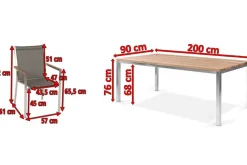 STERN Cardiff Garten-Essgruppe, silber/taupe, Edelstahl/Teak, Tisch 200 x 100 cm, 6 Stapelsessel