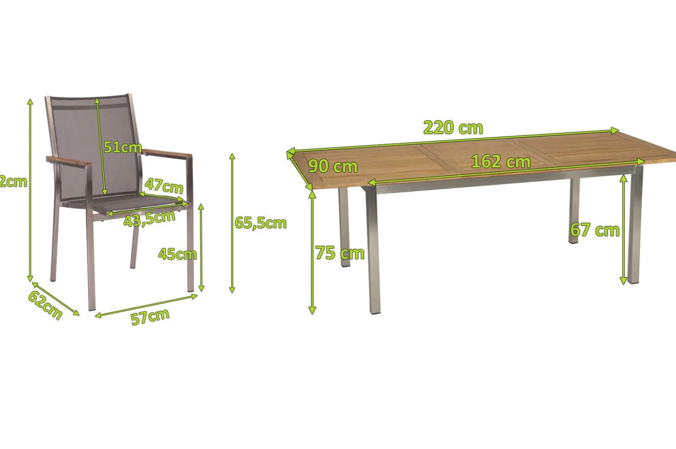 STERN Cardiff Garten-Essgruppe, silber/silbergrau, Edelstahl/Textilen/Teak, 160/220 x 90 cm, Butterfly-Auszug, 6 Stapelsessel