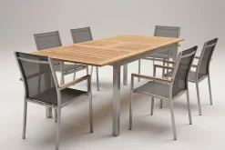 STERN Cardiff Garten-Essgruppe, silber/silbergrau, Edelstahl/Teak, Tisch 150/200 x 90 cm, 6 Stapelsessel
