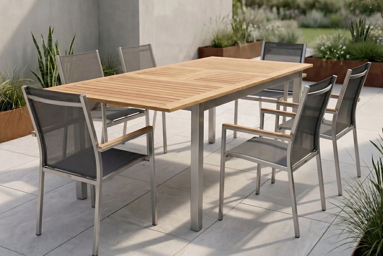 STERN Cardiff Garten-Essgruppe, silber/silbergrau, Edelstahl/Teak, Tisch 150/200 x 90 cm, 6 Stapelsessel