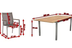 STERN Cardiff Garten-Essgruppe, silber/silbergrau, Edelstahl/Teak, Tisch 150/200 x 90 cm, 6 Stapelsessel