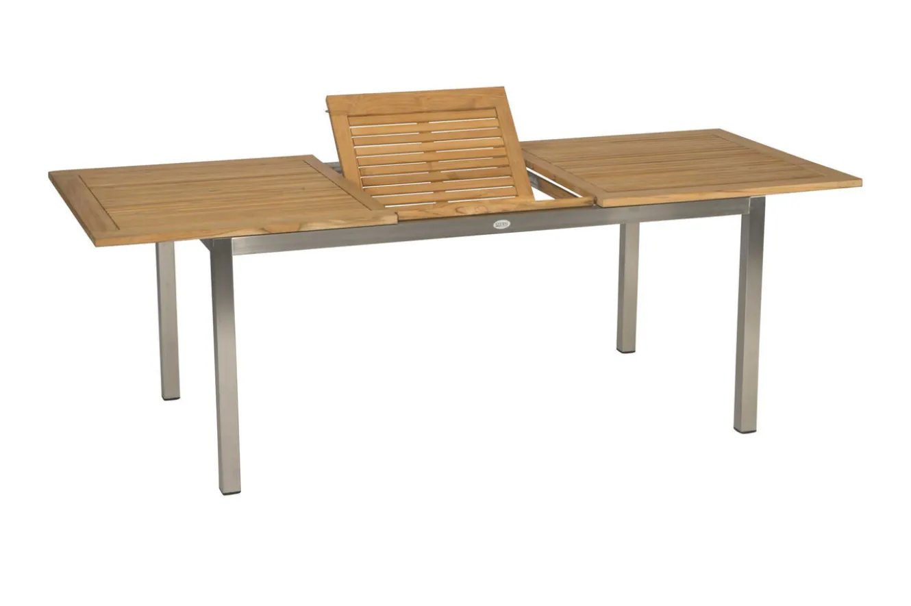 STERN Cardiff Garten-Essgruppe, silber/taupe, Edelstahl/Textilen/Teakholz, 162/220 x 90 cm, 6 Stapelsessel, Butterfly-Auszug