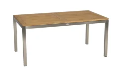 STERN Cardiff Garten-Essgruppe, silber/taupe, Edelstahl/Textilen/Teakholz, 162/220 x 90 cm, 6 Stapelsessel, Butterfly-Auszug