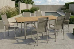 STERN Cardiff Garten-Essgruppe, silber/taupe, Edelstahl/Textilen/Teakholz, 162/220 x 90 cm, 6 Stapelsessel, Butterfly-Auszug