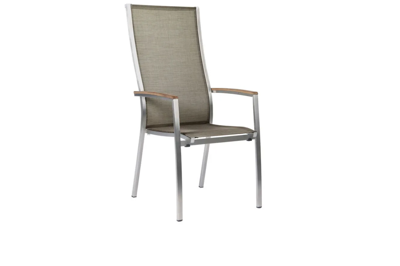 STERN Cardiff Garten-Essgruppe, silber/taupe, Edelstahl/Textilen/Teakholz, 162/220 x 90 cm, 6 Stapelsessel, Butterfly-Auszug