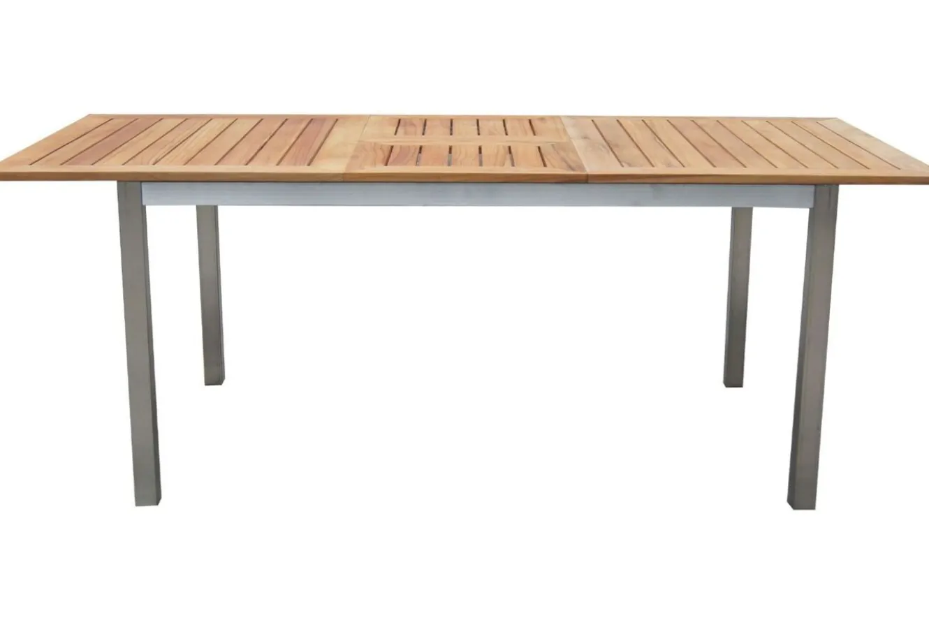 STERN Cardiff Garten-Essgruppe, silber/taupe, Edelstahl/Teak, Tisch 150/200 x 90 cm, 6 Stapelsessel
