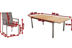 STERN Cardiff Garten-Essgruppe, silber/silbergrau, Edelstahl/Teak, Tisch 180/240 x 100 cm, 6 Stapelsessel, FSC®-zertifiziertes Produkt