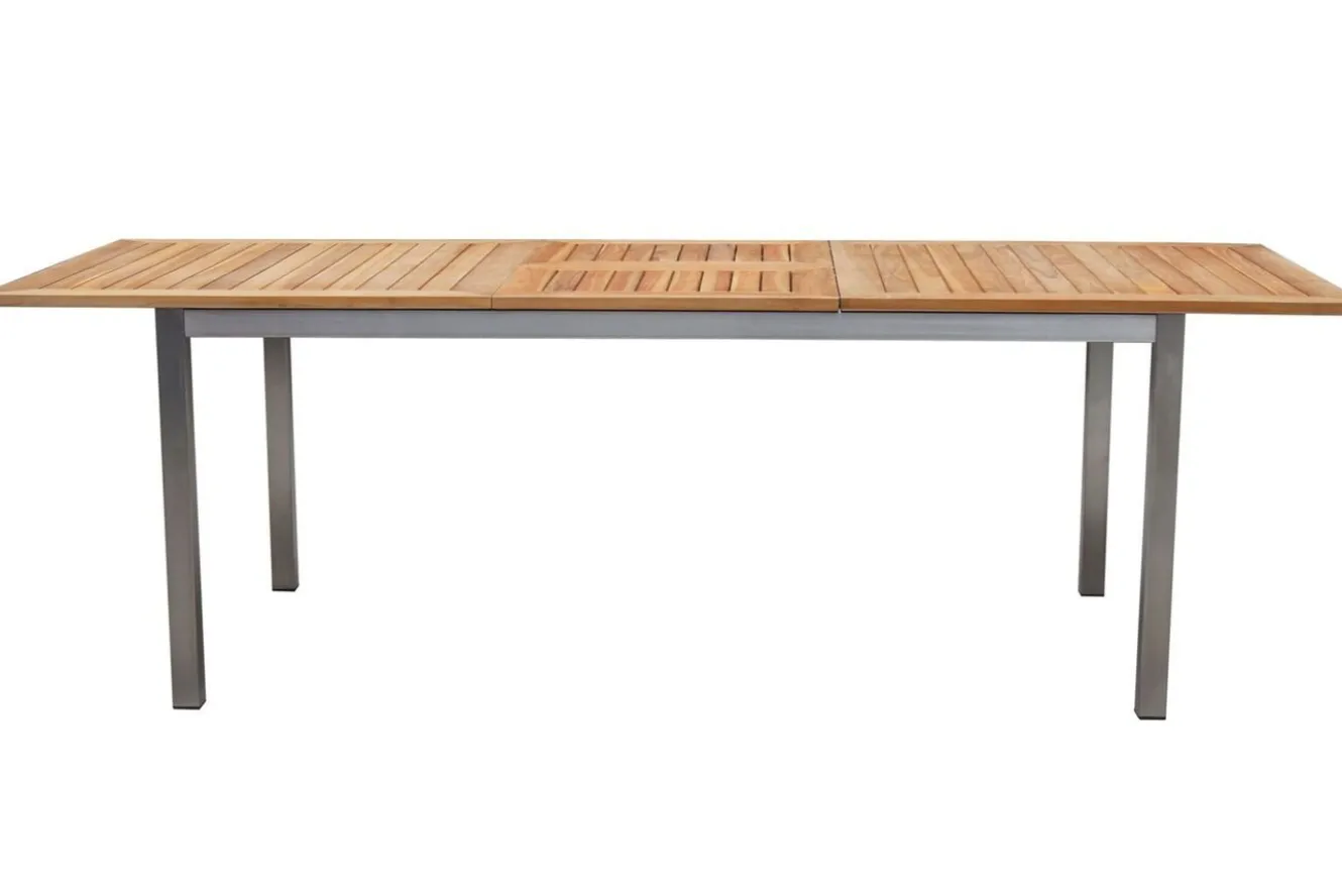STERN Cardiff Garten-Essgruppe, silber/silbergrau, Edelstahl/Teak, Tisch 180/240 x 100 cm, 6 Stapelsessel, FSC®-zertifiziertes Produkt