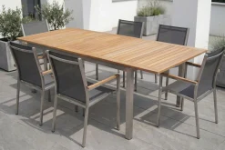 STERN Cardiff Garten-Essgruppe, silber/silbergrau, Edelstahl/Teak, Tisch 180/240 x 100 cm, 6 Stapelsessel, FSC®-zertifiziertes Produkt