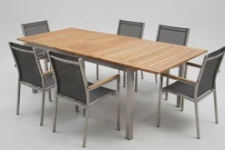 STERN Cardiff Garten-Essgruppe, silber/silbergrau, Edelstahl/Teak, Tisch 180/240 x 100 cm, 6 Stapelsessel, FSC®-zertifiziertes Produkt