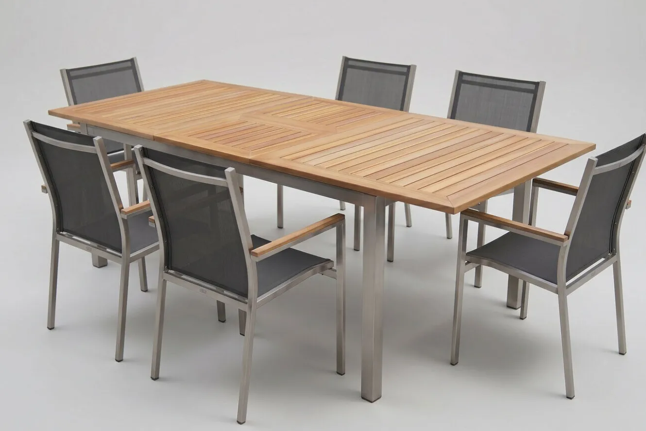 STERN Cardiff Garten-Essgruppe, silber/silbergrau, Edelstahl/Teak, Tisch 180/240 x 100 cm, 6 Stapelsessel, FSC®-zertifiziertes Produkt