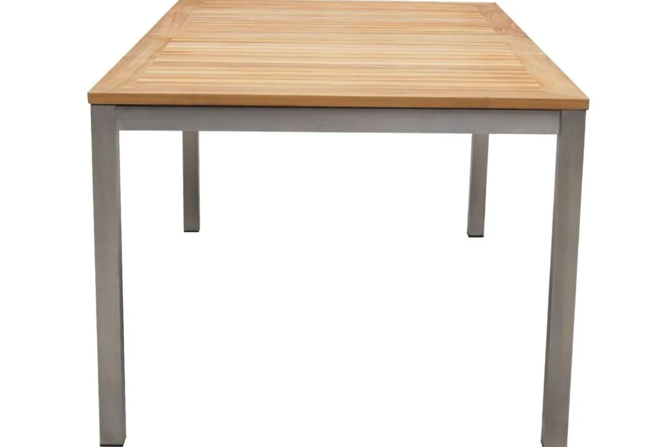 STERN Cardiff Garten-Essgruppe, silber/silbergrau, Edelstahl/Teak, Tisch 180/240 x 100 cm, 6 Stapelsessel, FSC®-zertifiziertes Produkt