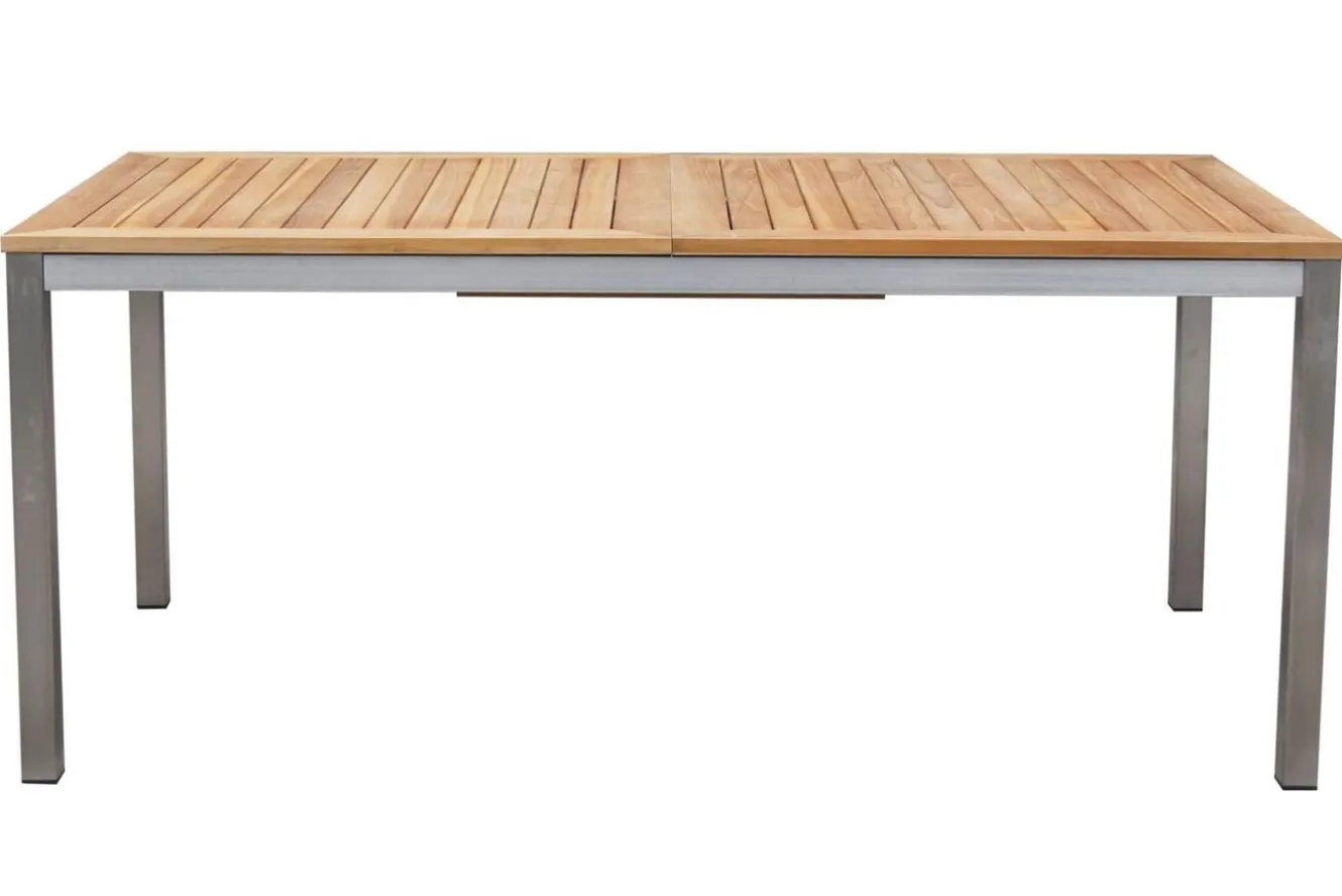 STERN Cardiff Garten-Essgruppe, silber/silbergrau, Edelstahl/Teak, Tisch 180/240 x 100 cm, 6 Stapelsessel, FSC®-zertifiziertes Produkt