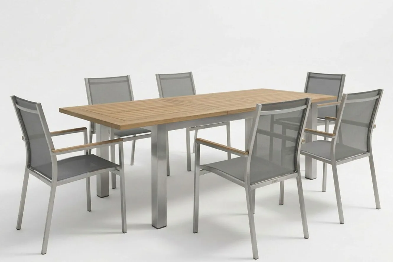 STERN Cardiff Garten-Essgruppe, silber/silbergrau, Edelstahl/recyceltes Teak, Tisch 200/260 x 100 cm, 6 Stapelsessel, FSC®-zertifiziertes Produkt