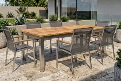 STERN Cardiff Garten-Essgruppe, silber/silbergrau, Edelstahl/Teak, Tisch 220/340 x 100 cm, 6 Stapelsessel, FSC®-zertifiziertes Produkt