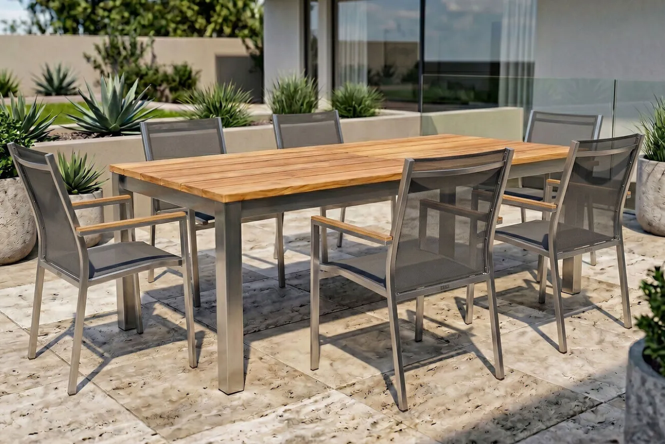 STERN Cardiff Garten-Essgruppe, silber/silbergrau, Edelstahl/Teak, Tisch 220/340 x 100 cm, 6 Stapelsessel, FSC®-zertifiziertes Produkt