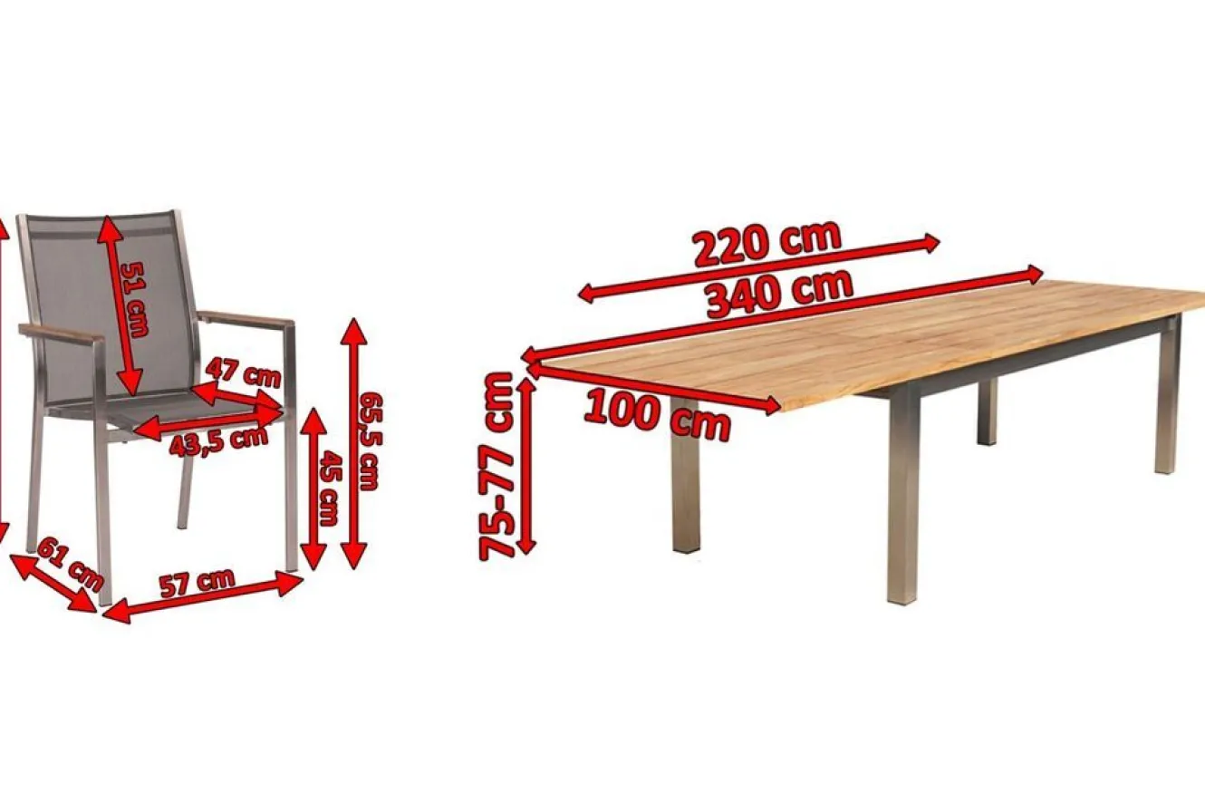 STERN Cardiff Garten-Essgruppe, silber/silbergrau, Edelstahl/Teak, Tisch 220/340 x 100 cm, 6 Stapelsessel, FSC®-zertifiziertes Produkt