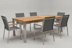 STERN Cardiff Garten-Essgruppe, silber/silbergrau, Edelstahl/Teak, Tisch 220/340 x 100 cm, 6 Stapelsessel, FSC®-zertifiziertes Produkt