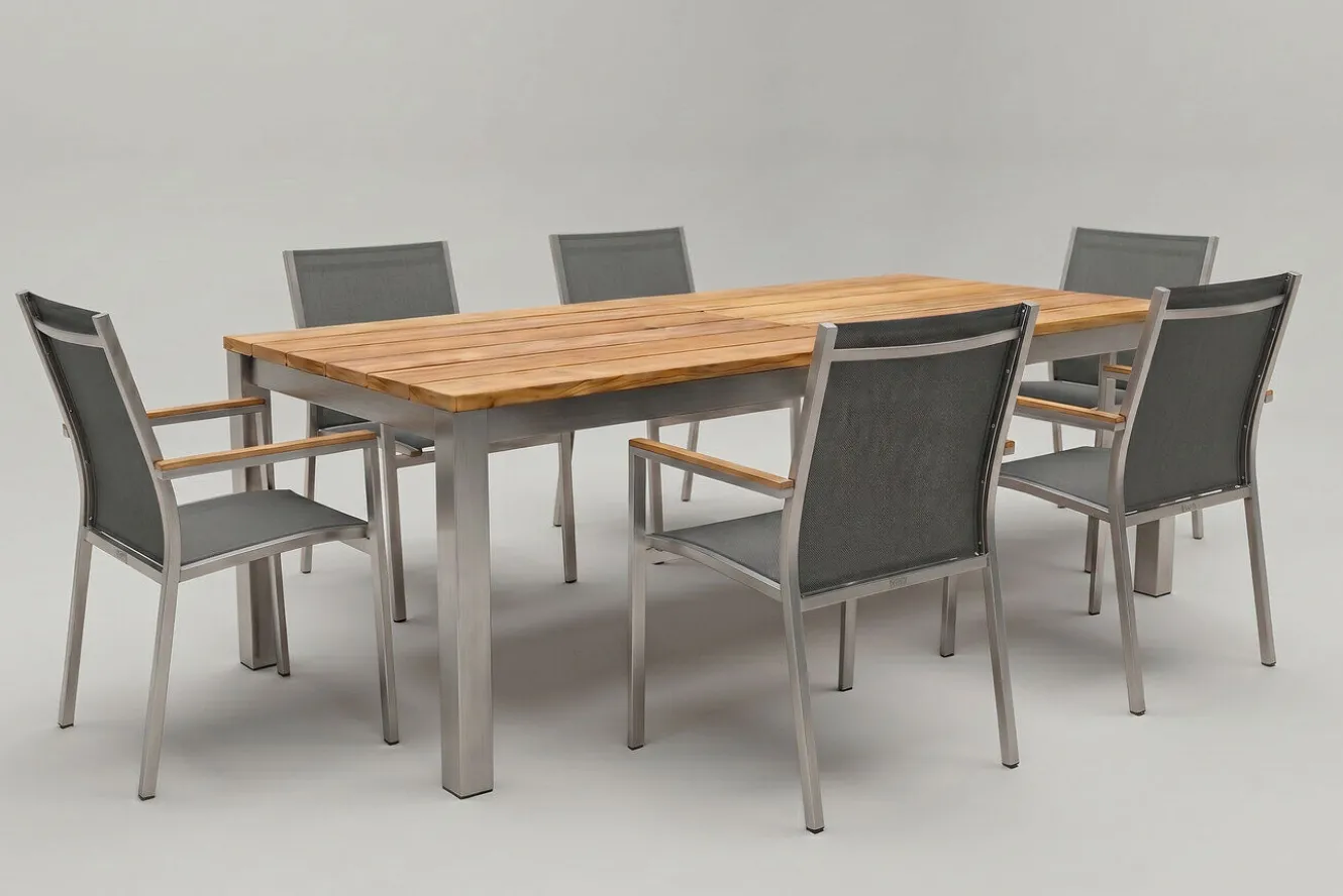 STERN Cardiff Garten-Essgruppe, silber/silbergrau, Edelstahl/Teak, Tisch 220/340 x 100 cm, 6 Stapelsessel, FSC®-zertifiziertes Produkt
