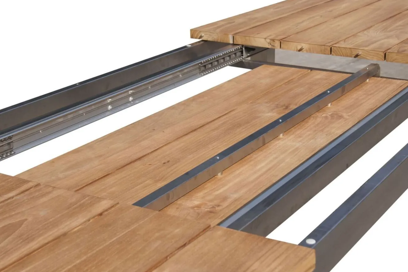 STERN Cardiff Garten-Essgruppe, silber/silbergrau, Edelstahl/Teak, Tisch 220/340 x 100 cm, 6 Stapelsessel, FSC®-zertifiziertes Produkt