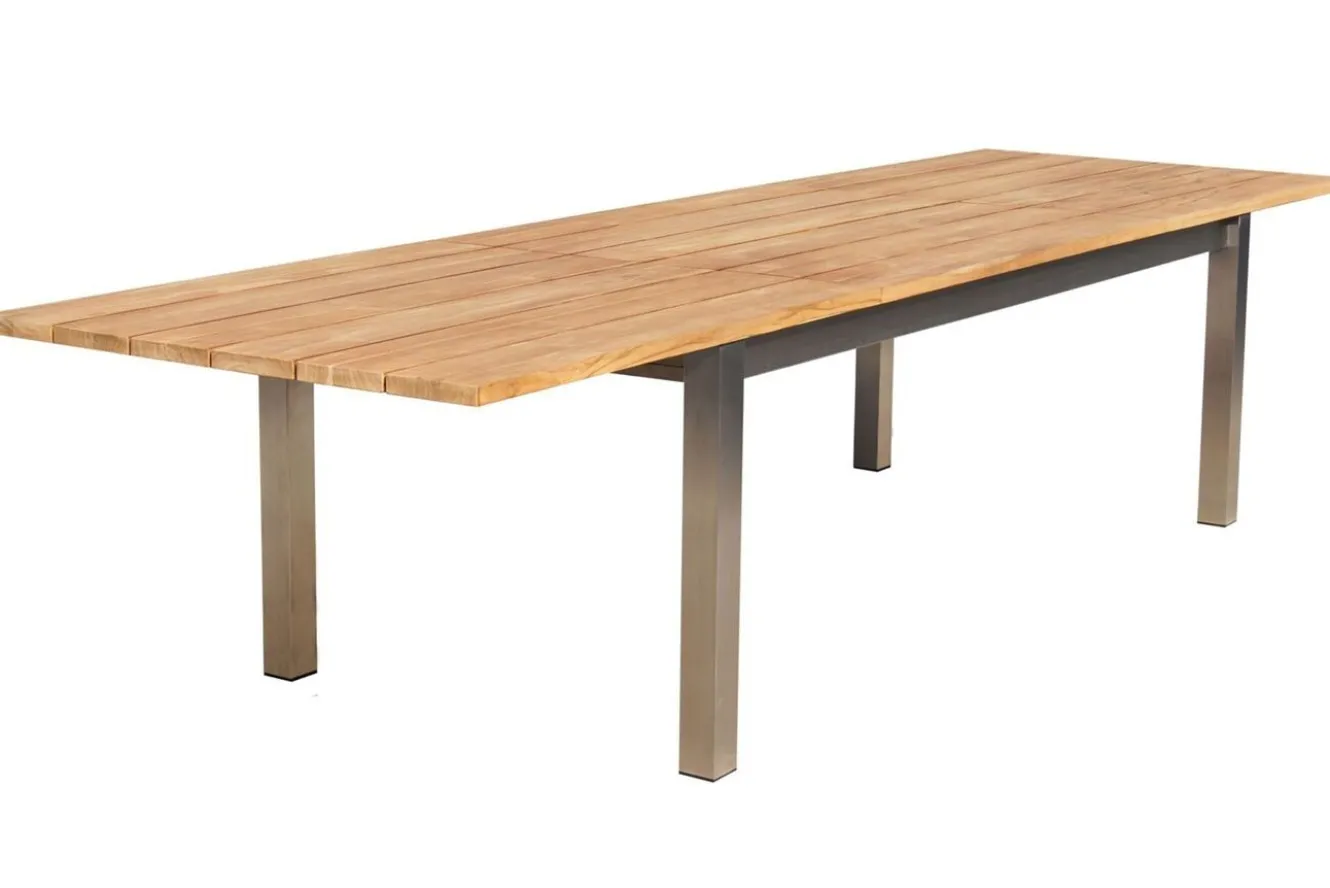 STERN Cardiff Garten-Essgruppe, silber/silbergrau, Edelstahl/Teak, Tisch 220/340 x 100 cm, 6 Stapelsessel, FSC®-zertifiziertes Produkt