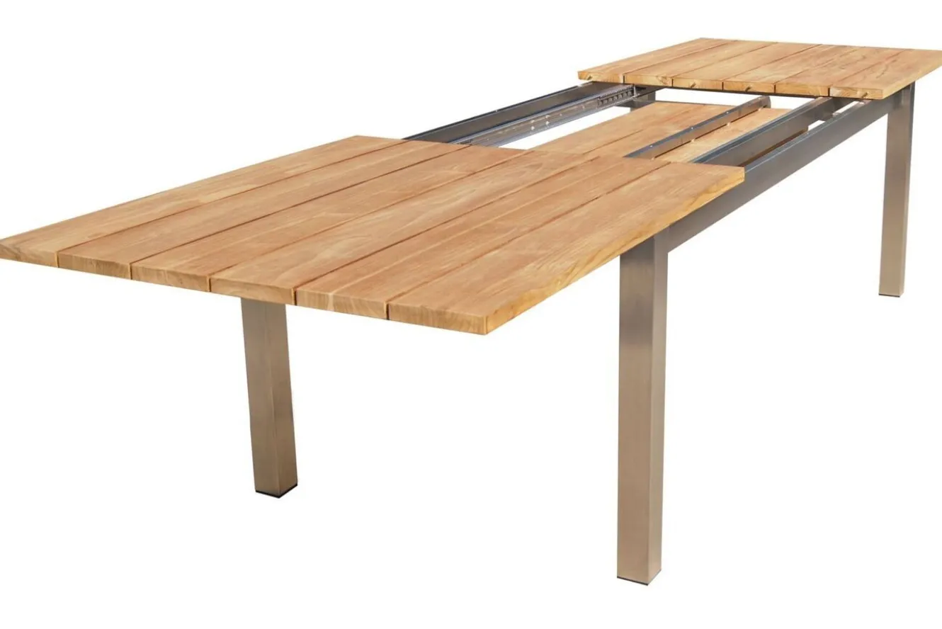 STERN Cardiff Garten-Essgruppe, silber/silbergrau, Edelstahl/Teak, Tisch 220/340 x 100 cm, 6 Stapelsessel, FSC®-zertifiziertes Produkt