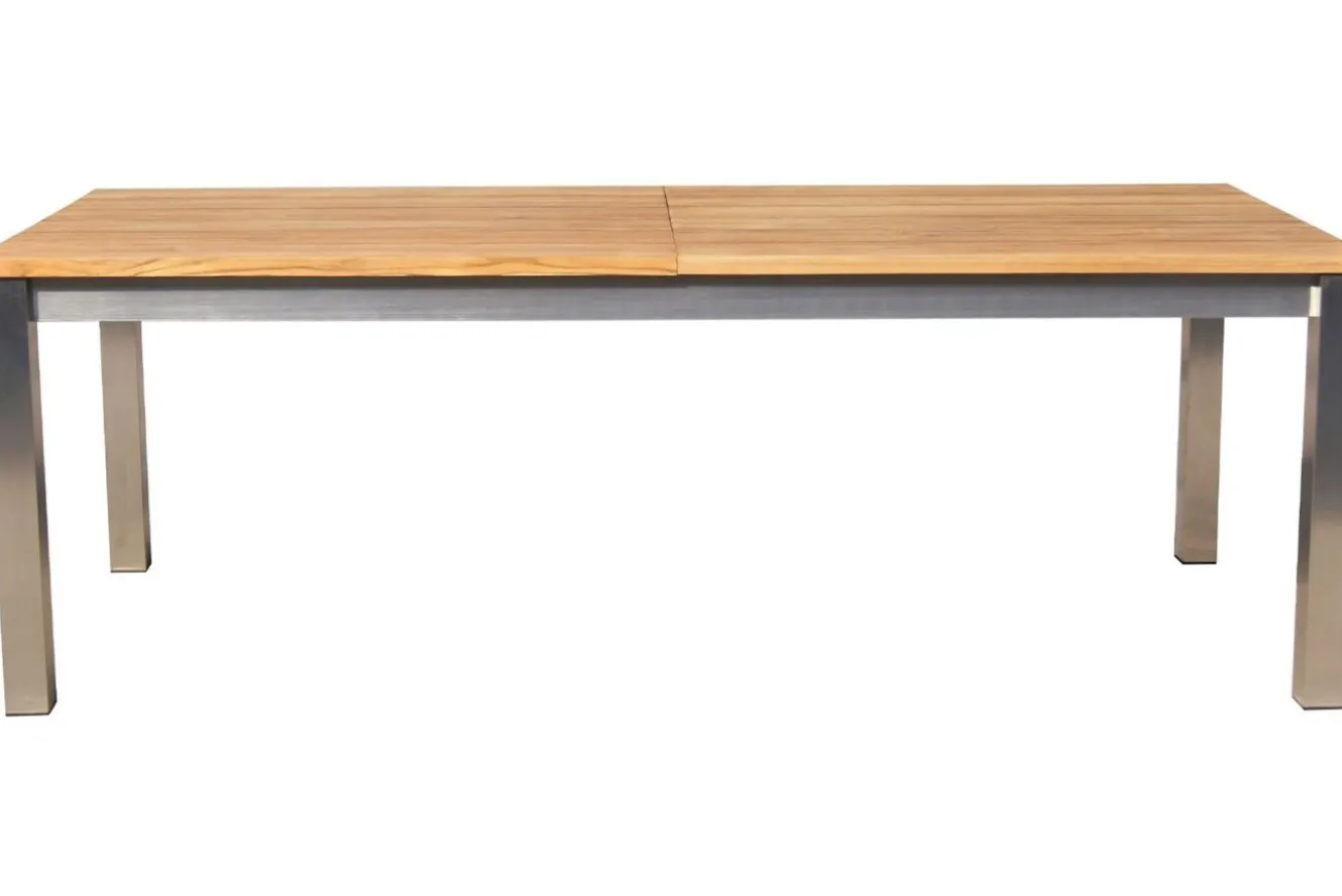 STERN Cardiff Garten-Essgruppe, silber/silbergrau, Edelstahl/Teak, Tisch 220/340 x 100 cm, 6 Stapelsessel, FSC®-zertifiziertes Produkt